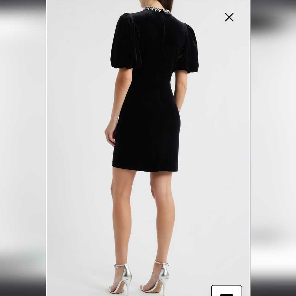 Eliza J Jeweled Neck Black Velvet Puffer Sleeve Dress Size 4 - Picture 3 of 10